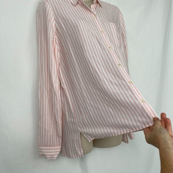 J Jill Button Up Tunic Top Womens XS Striped Pink White Pocket Roll Tab Sleeve - Picture 4 of 12